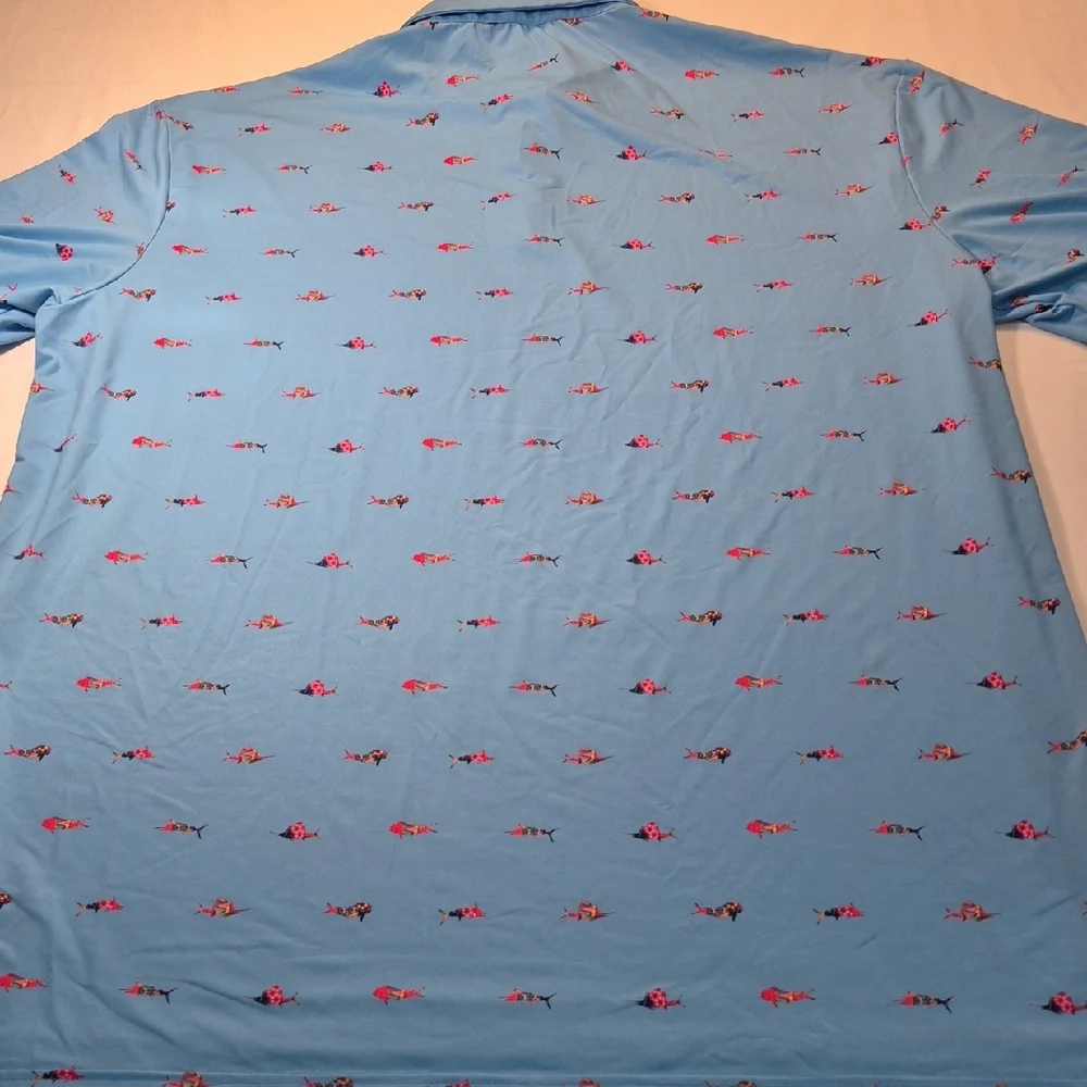 SCALES 3X Golf Polo Short Sleeve Shirt Blue and Pink Tropical Fish Pattern - Picture 13 of 16